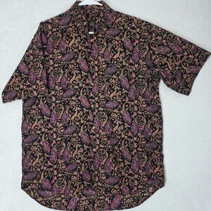 At Ease Black Pink Paisley Button Down Shirt Mens Size Medium Vintage